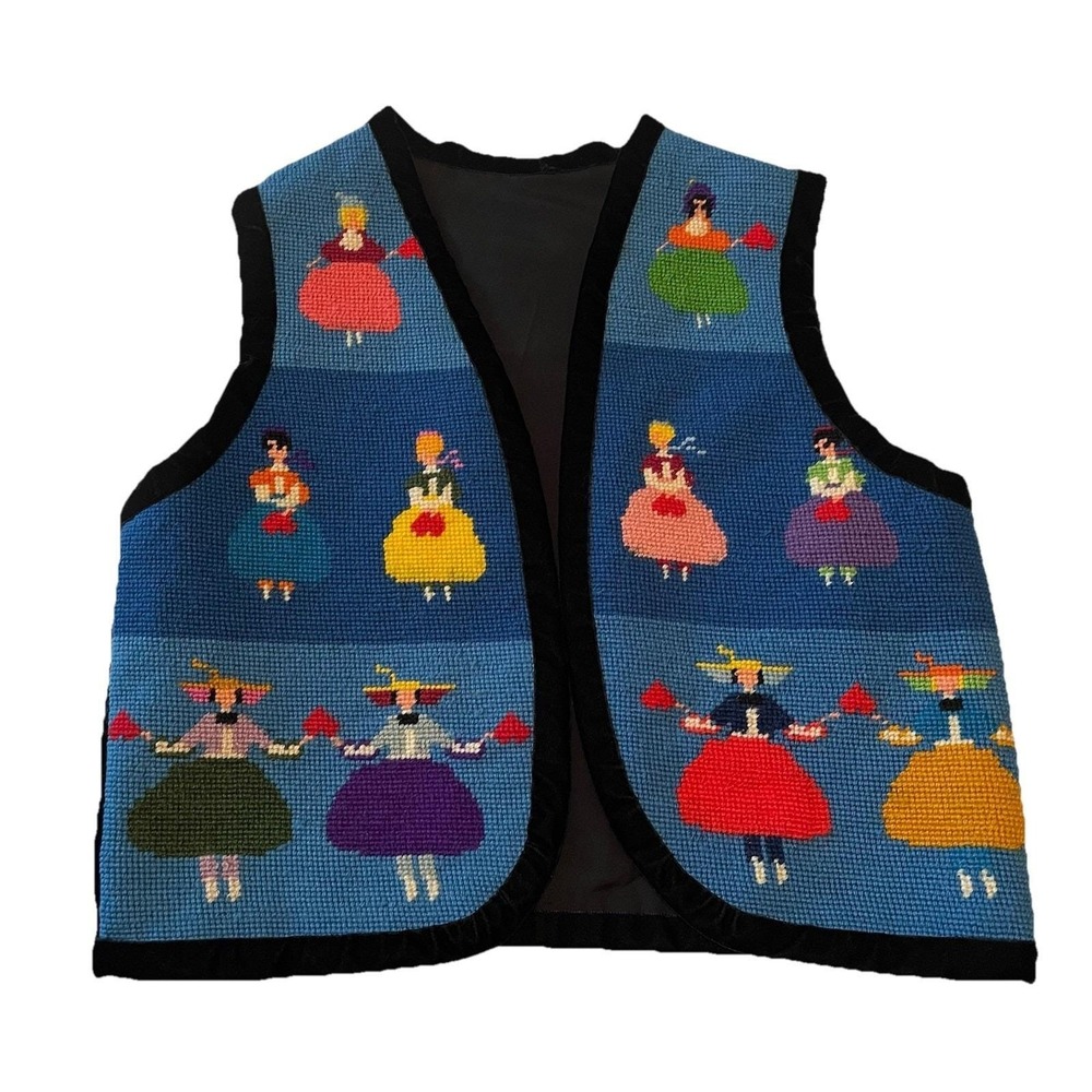 Vtg Needlepoint Folk Art‎ Tapestry Vest Sz L Black Velvet Cultural Novelty